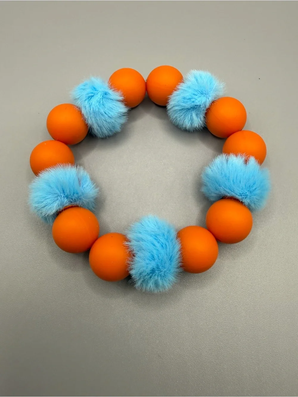Orange and Light Blue Pom Pom Beaded Keychain Bracelet - Handmade #K0351C